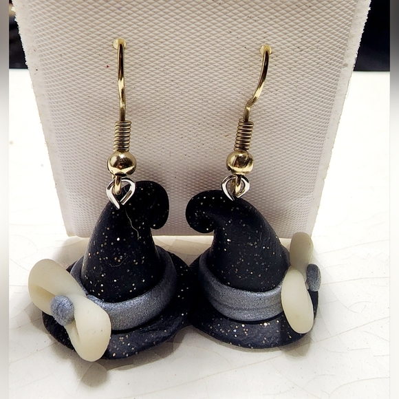 Whimsical sparkly black blue white bow witch dangle earrings - Picture 1 of 6